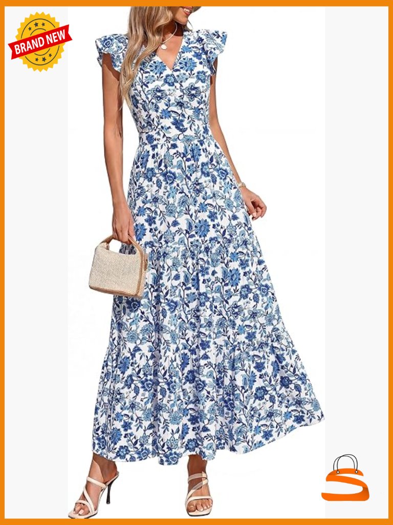 Maxi Dress Flutter Sleeve Wrap V Neck Flowy Boho Casual Summer